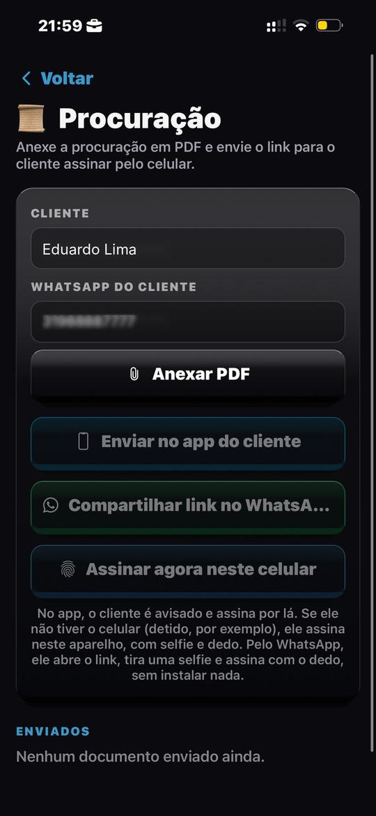Procuração enviada para assinar