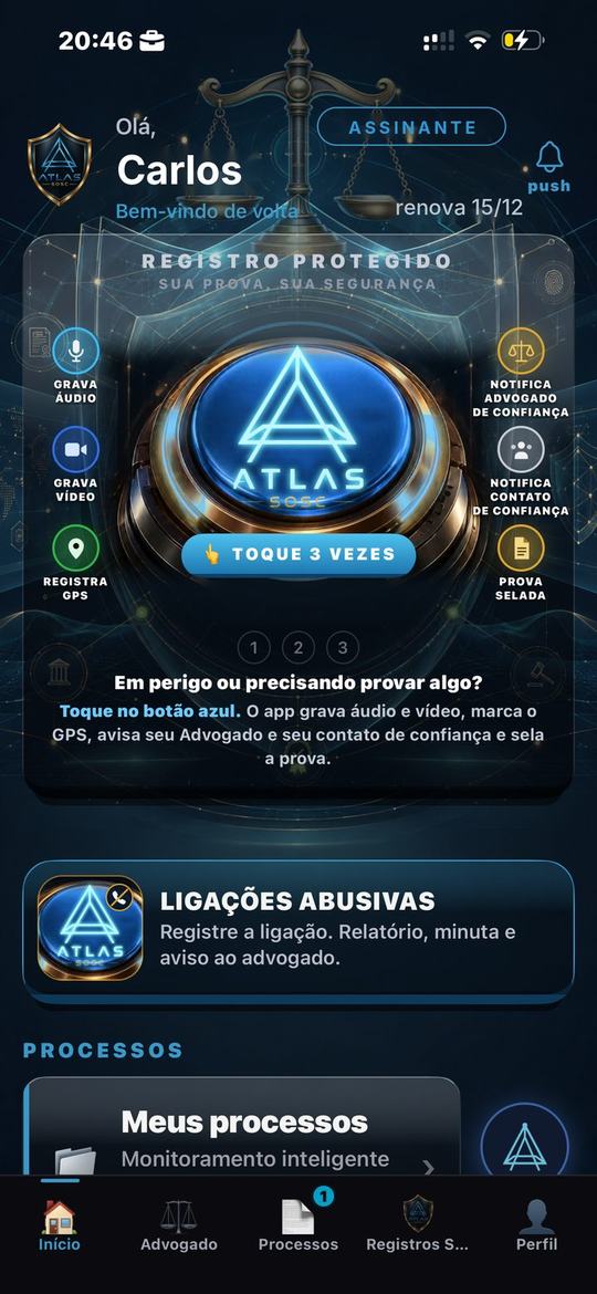 Tela inicial do ATLAS SOSC com o botão de 3 toques